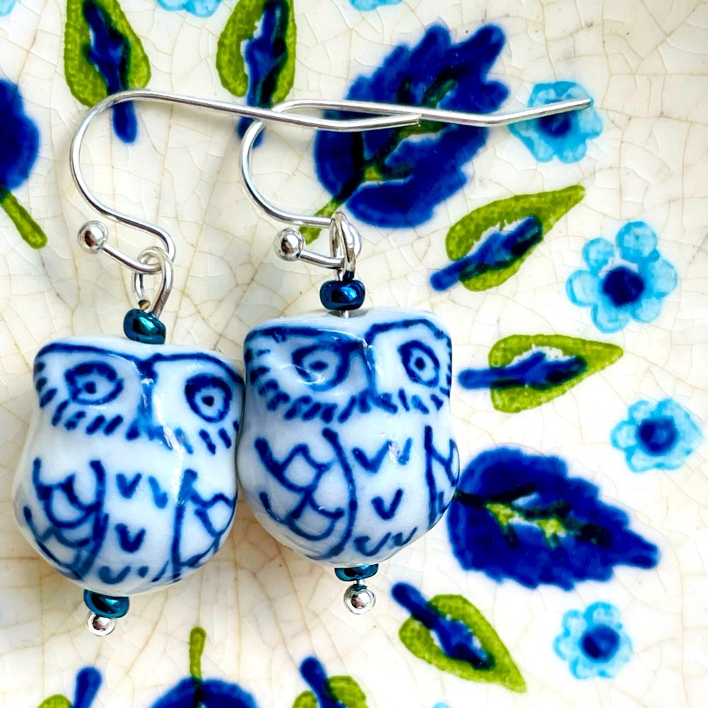 sterling silver & vintage hand-painted ceramic owl bead earrings blue white boho